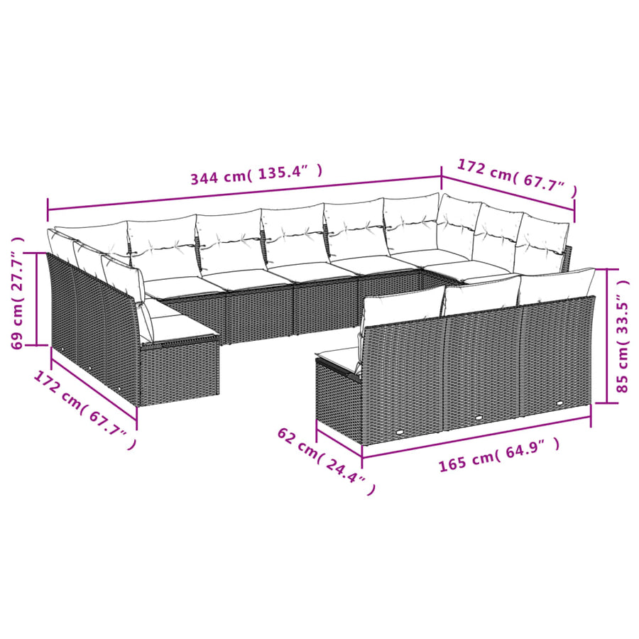 13-delige Loungeset met kussens poly rattan lichtgrijs