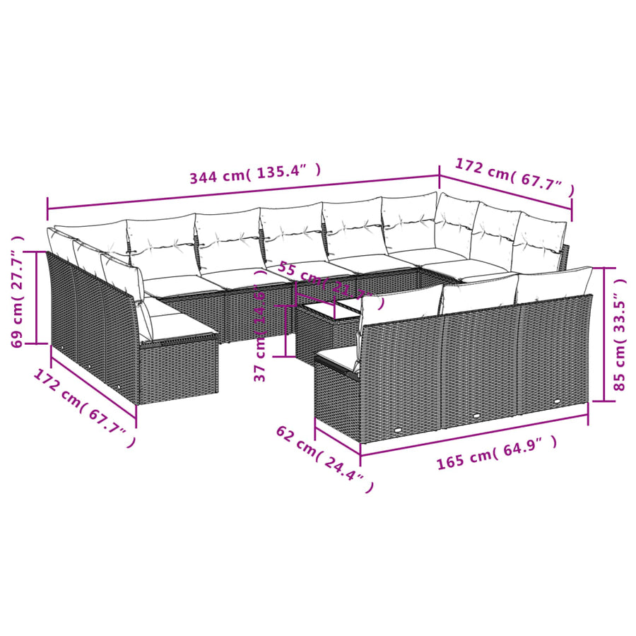 14-delige Loungeset met kussens poly rattan beige Beige en grijs Met tafel