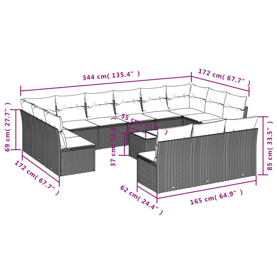 14-Delige Loungeset Met Kussens Poly Rattan Grijs