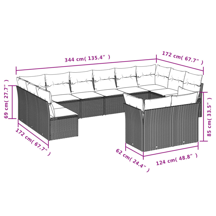 12-Delige Loungeset Met Kussens Poly Rattan Beige