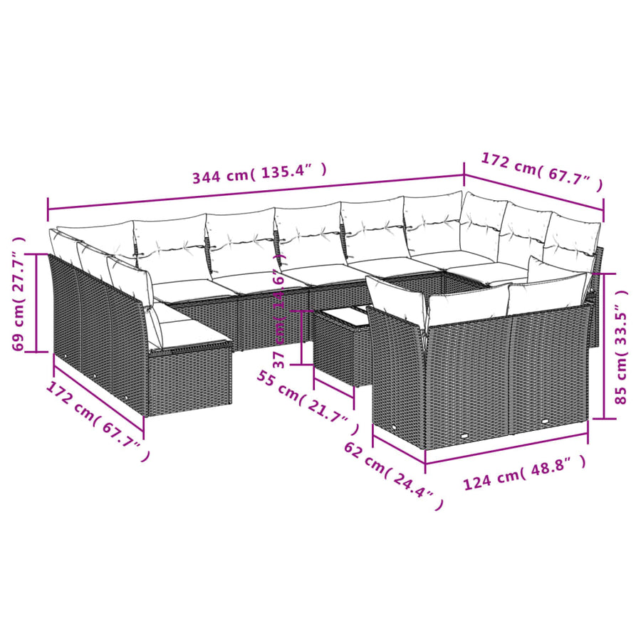 13-Delige Loungeset Met Kussens Poly Rattan Zwart