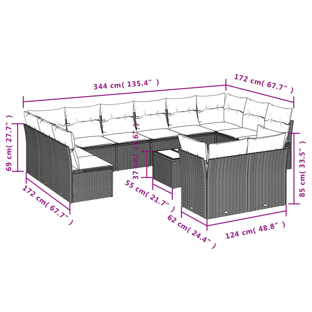 13-Delige Loungeset Met Kussens Poly Rattan Zwart