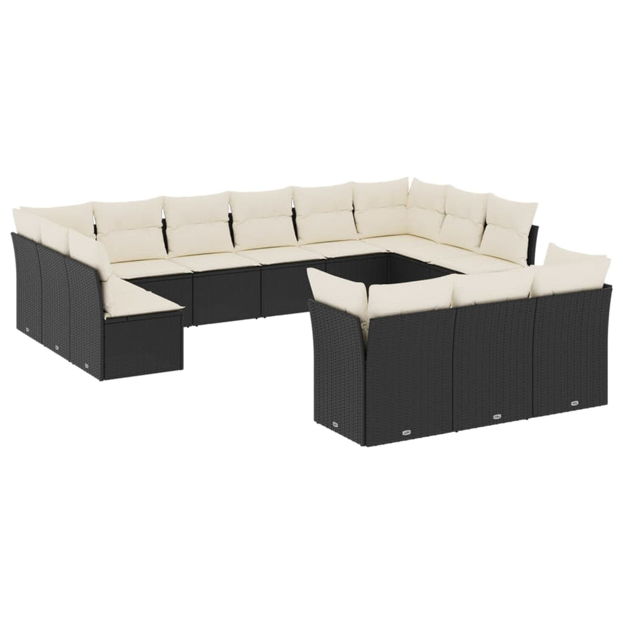 13-delige Loungeset met kussens poly rattan zwart Zwart en crème Zonder tafel