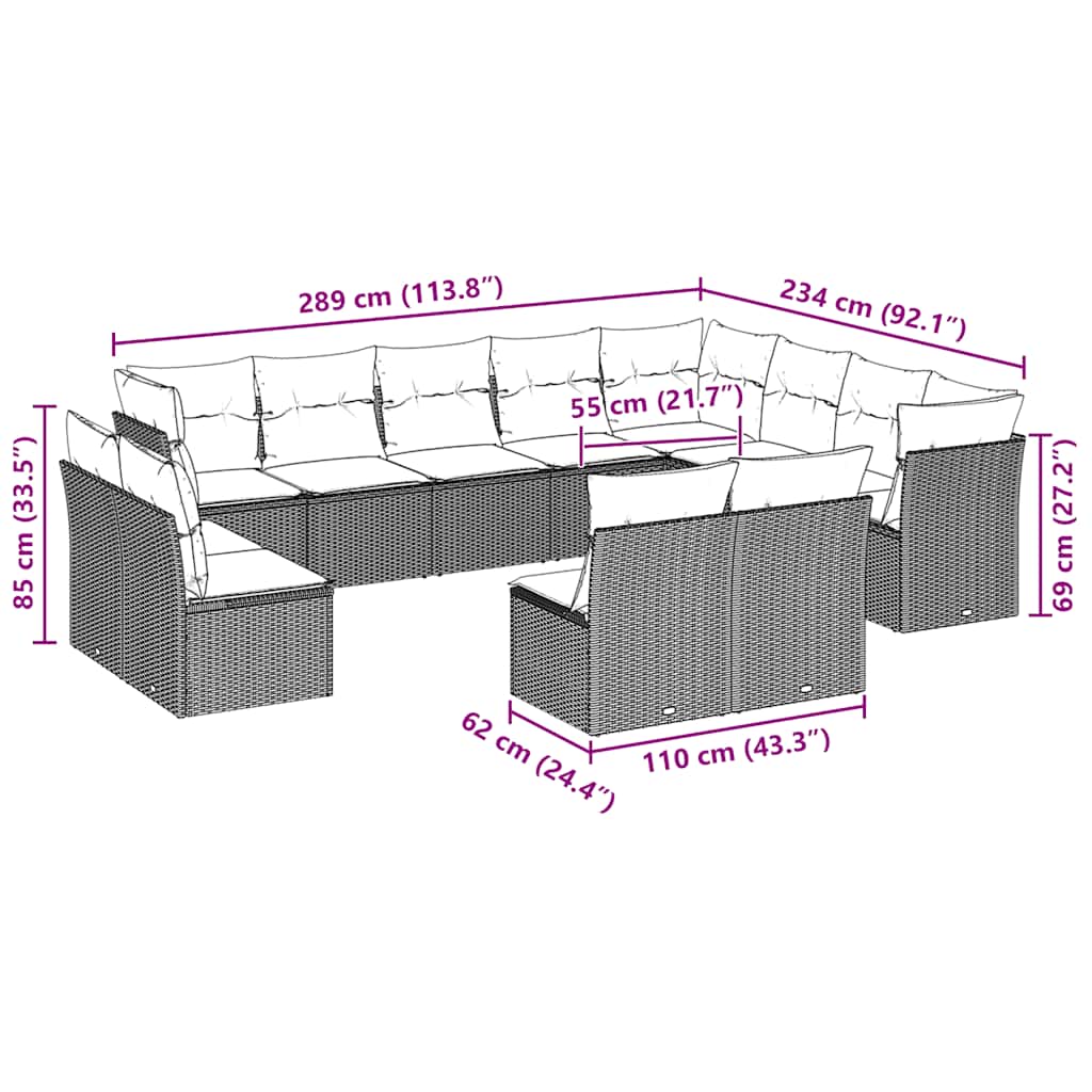 12-delige Loungeset met kussens poly rattan lichtgrijs