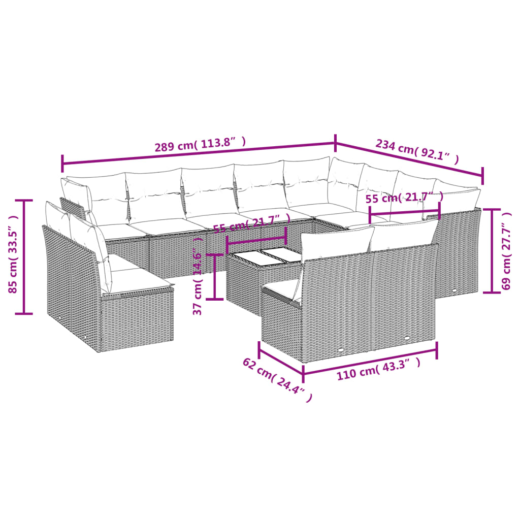 13-Delige Loungeset Met Kussens Poly Rattan Beige