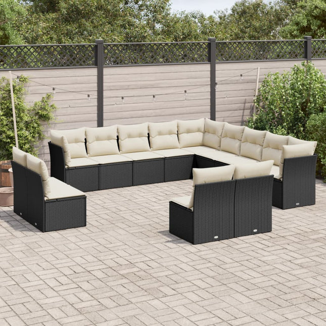 13-delige Loungeset met kussens poly rattan zwart Zwart en crème