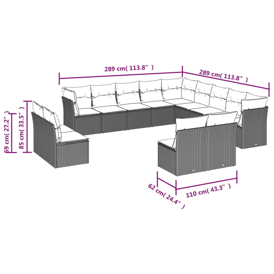 13-delige Loungeset met kussens poly rattan bruin Bruin en crème