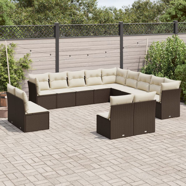 13-delige Loungeset met kussens poly rattan bruin Bruin en crème