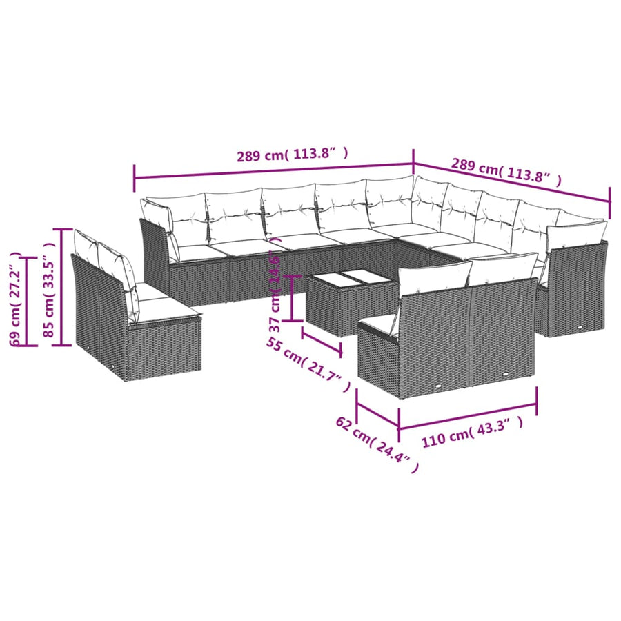 14-delige Loungeset met kussens poly rattan zwart Zwart en crème Met tafel