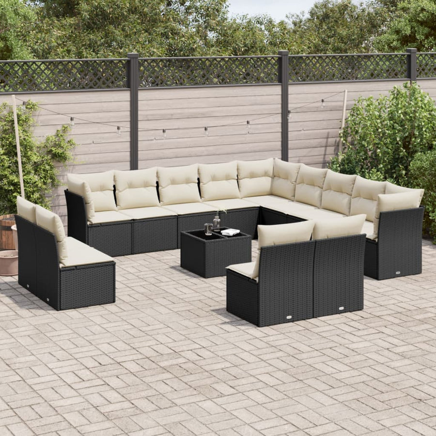 14-delige Loungeset met kussens poly rattan zwart Zwart en crème Met tafel