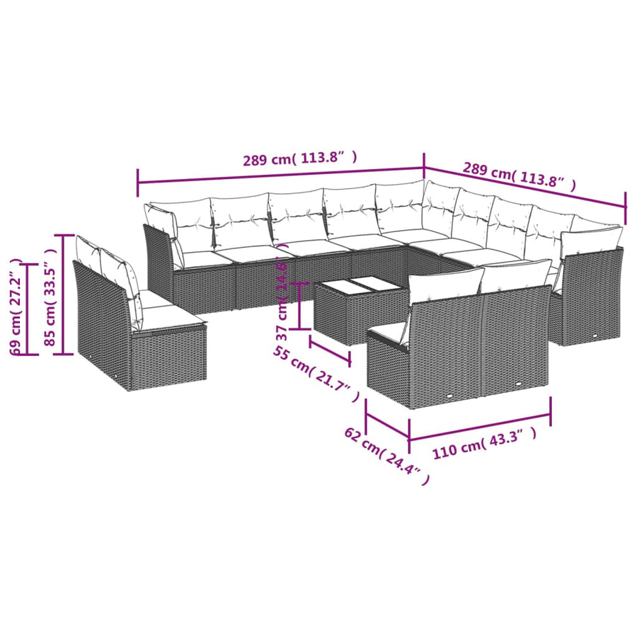 14-Delige Loungeset Met Kussens Poly Rattan Grijs