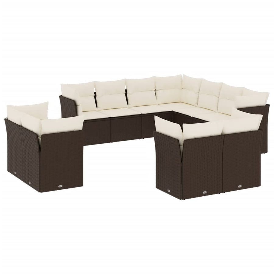 11-delige Loungeset met kussens poly rattan bruin Bruin en crème