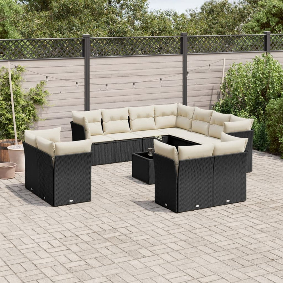 12-delige Loungeset met kussens poly rattan zwart Zwart en crème Met tafel