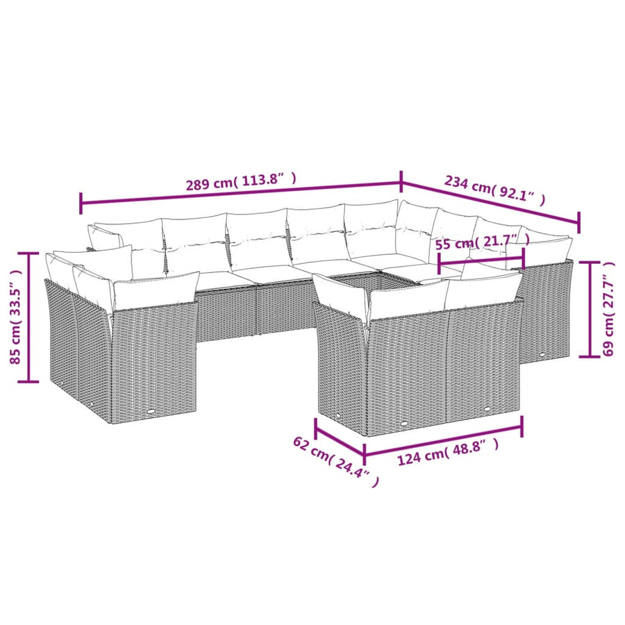 12-Delige Loungeset Met Kussens Poly Rattan Grijs