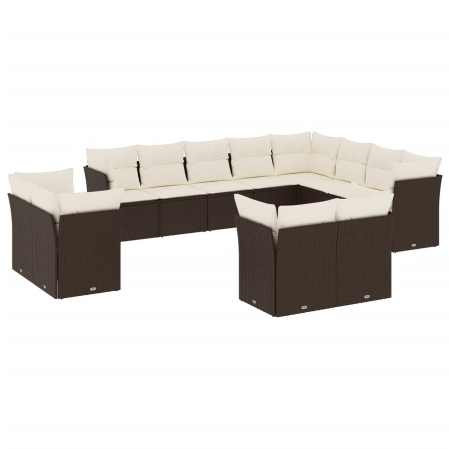 12-delige Loungeset met kussens poly rattan bruin Bruin en crème
