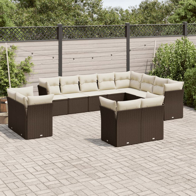 12-delige Loungeset met kussens poly rattan bruin Bruin en crème