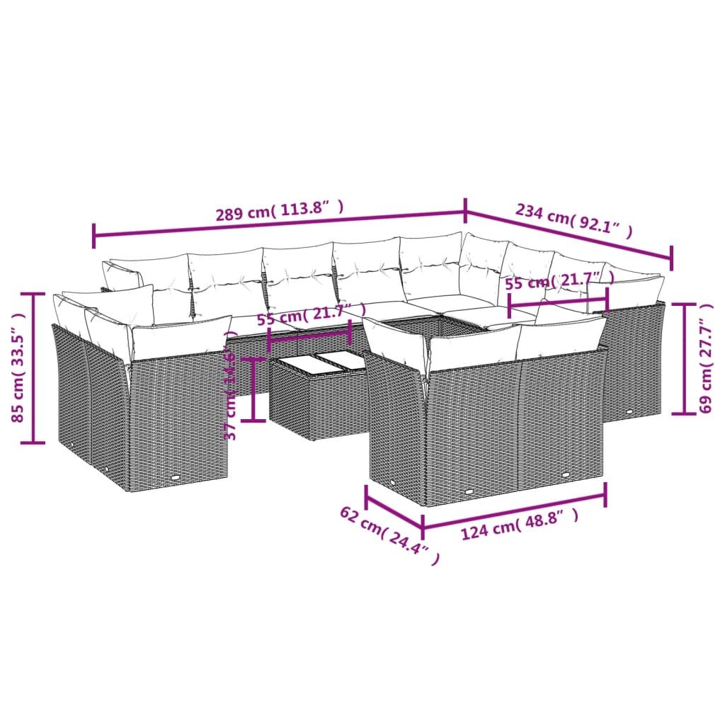 13-delige Loungeset met kussens poly rattan lichtgrijs