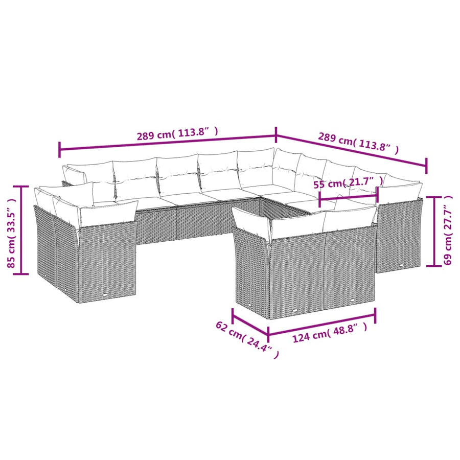 13-Delige Loungeset Met Kussens Poly Rattan Grijs