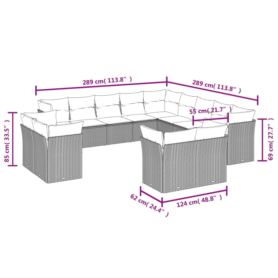 13-delige Loungeset met kussens poly rattan bruin Bruin en crème