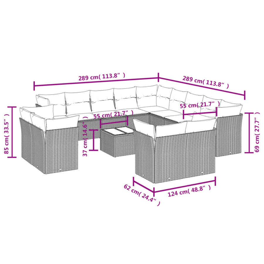 14-delige Loungeset met kussens poly rattan bruin