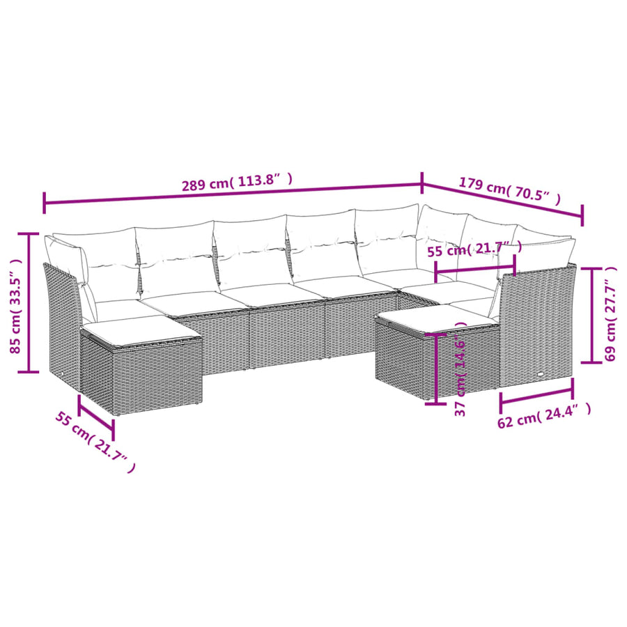 9-delige Loungeset met kussens poly rattan zwart Zwart en crème Zonder tafel