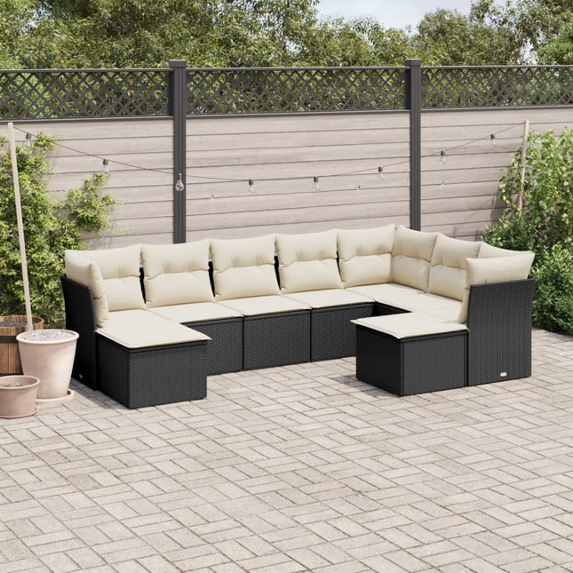 9-delige Loungeset met kussens poly rattan zwart Zwart en crème Zonder tafel