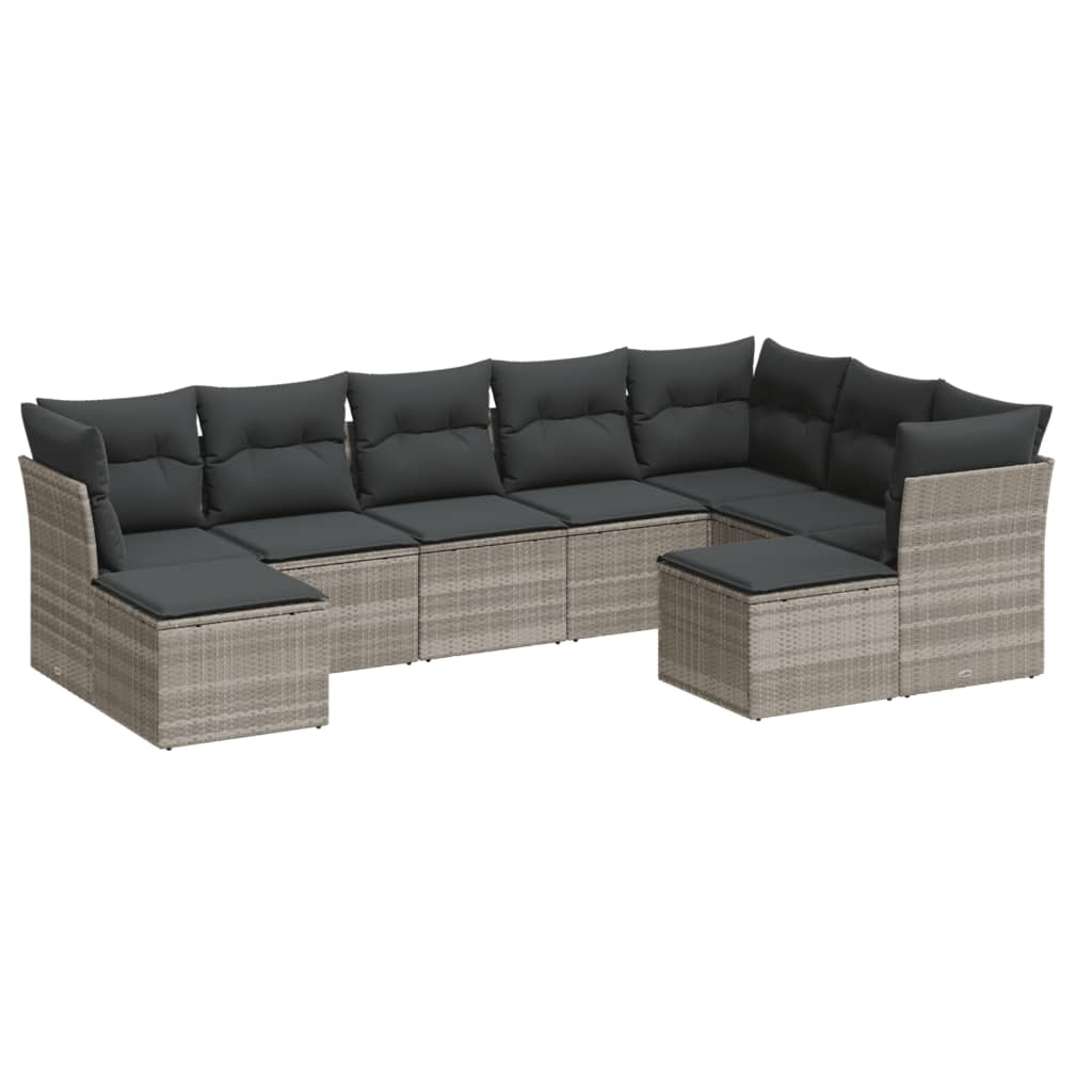 9-delige Loungeset met kussens poly rattan lichtgrijs