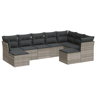 9-delige Loungeset met kussens poly rattan lichtgrijs