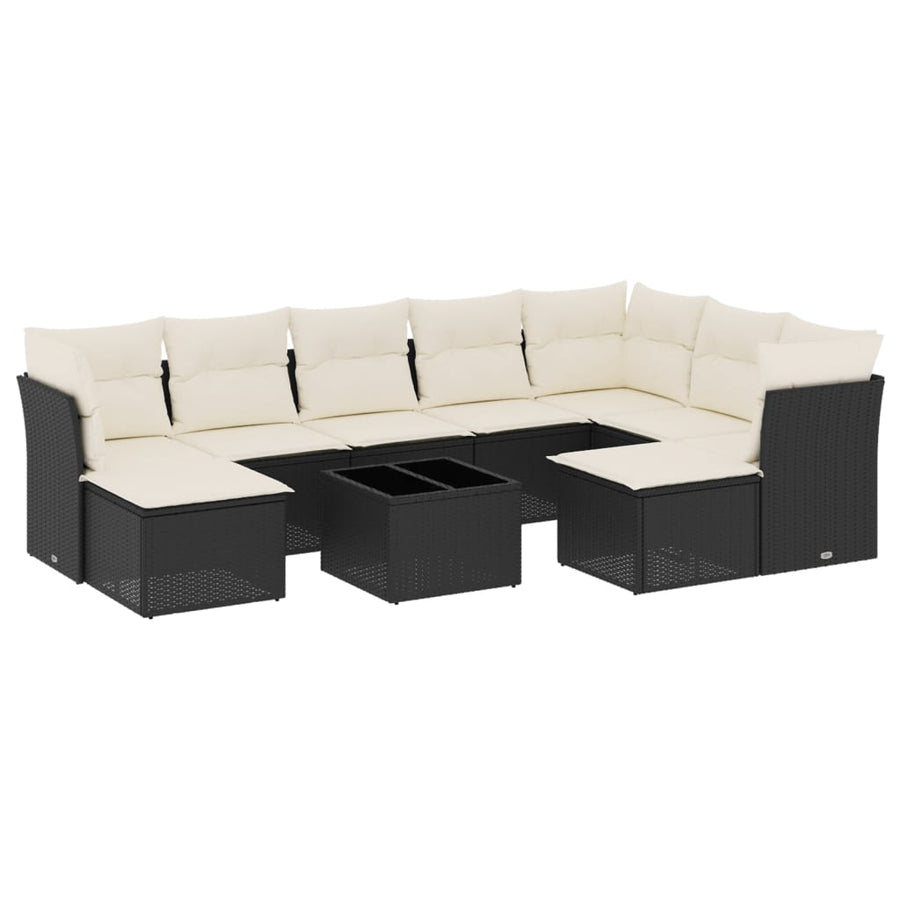 10-delige Loungeset met kussens poly rattan zwart Zwart en crème