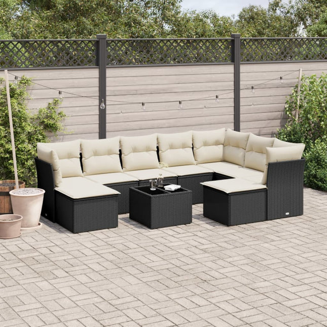 10-delige Loungeset met kussens poly rattan zwart Zwart en crème