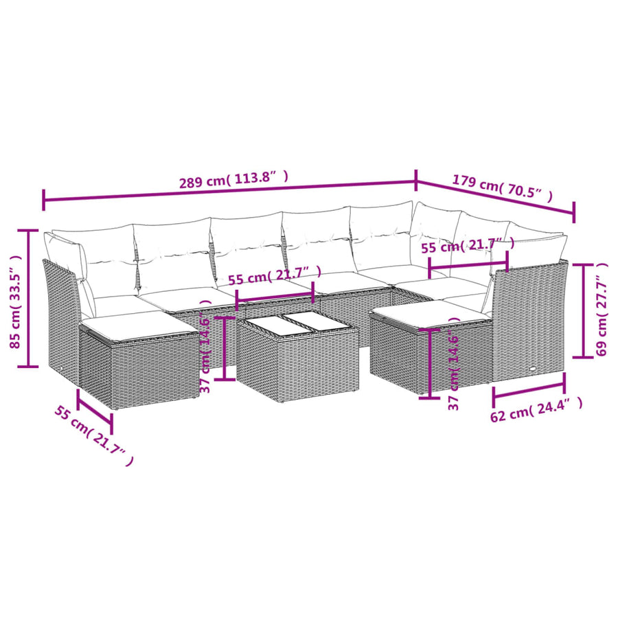 10-Delige Loungeset Met Kussens Poly Rattan Grijs