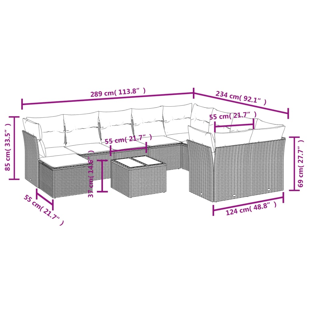 11-delige Loungeset met kussens poly rattan zwart Zwart en crème