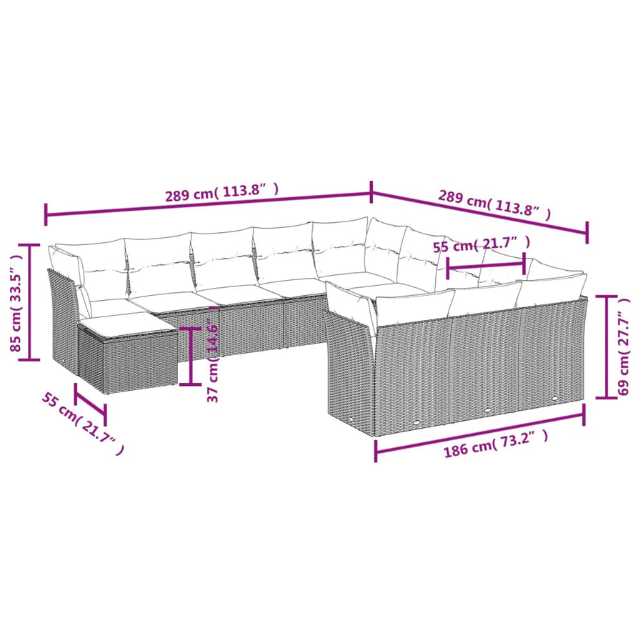 12-Delige Loungeset Met Kussens Poly Rattan Zwart