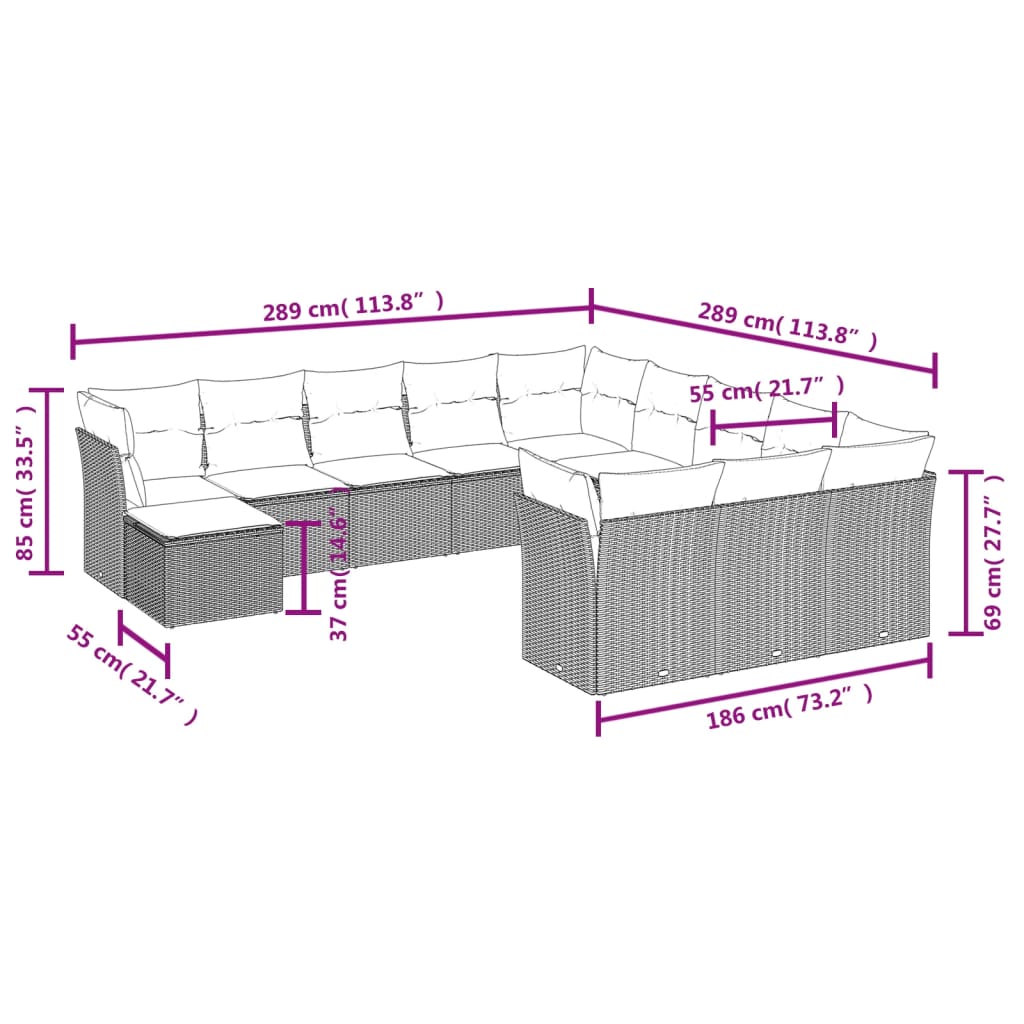 12-Delige Loungeset Met Kussens Poly Rattan Beige
