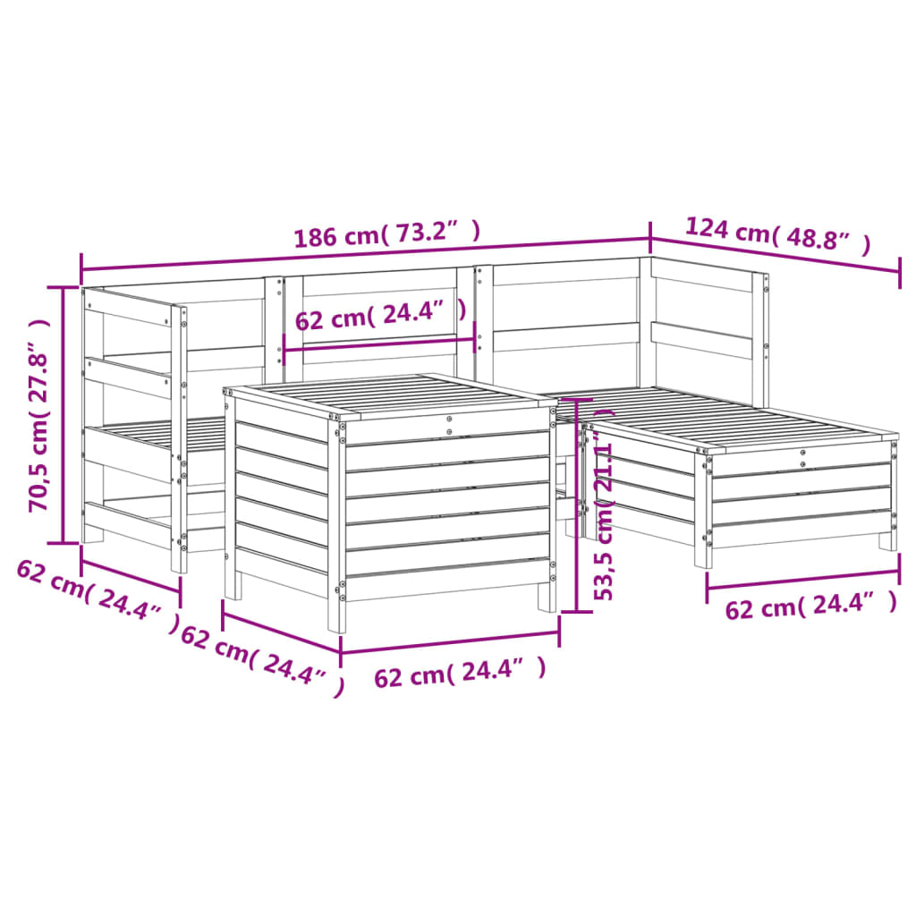 5-delige Loungeset massief grenenhout wit