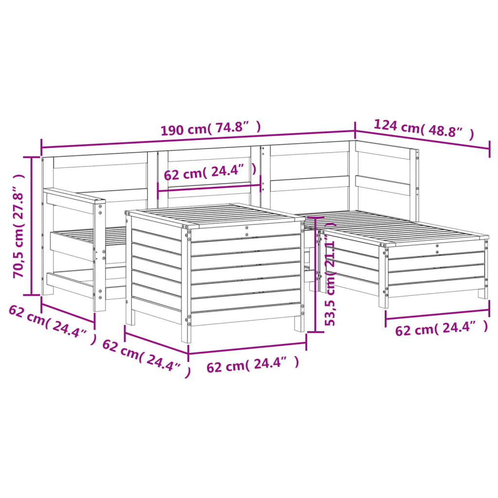 5-delige Loungeset massief grenenhout wit