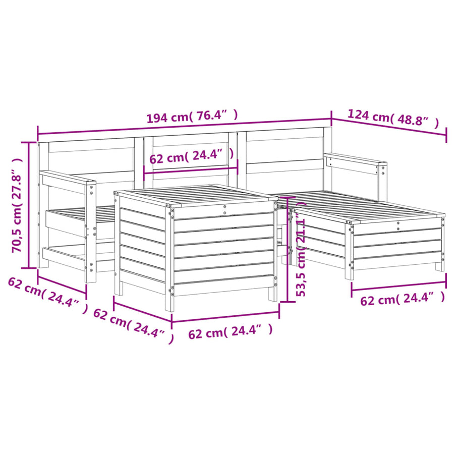 5-delige Loungeset massief grenenhout wit
