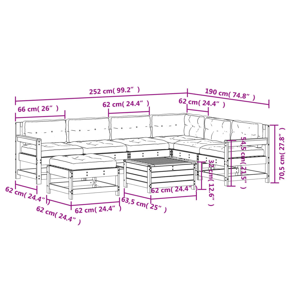 8-Delige Loungeset Met Kussens Massief Grenenhout Wit Wit grenenhout