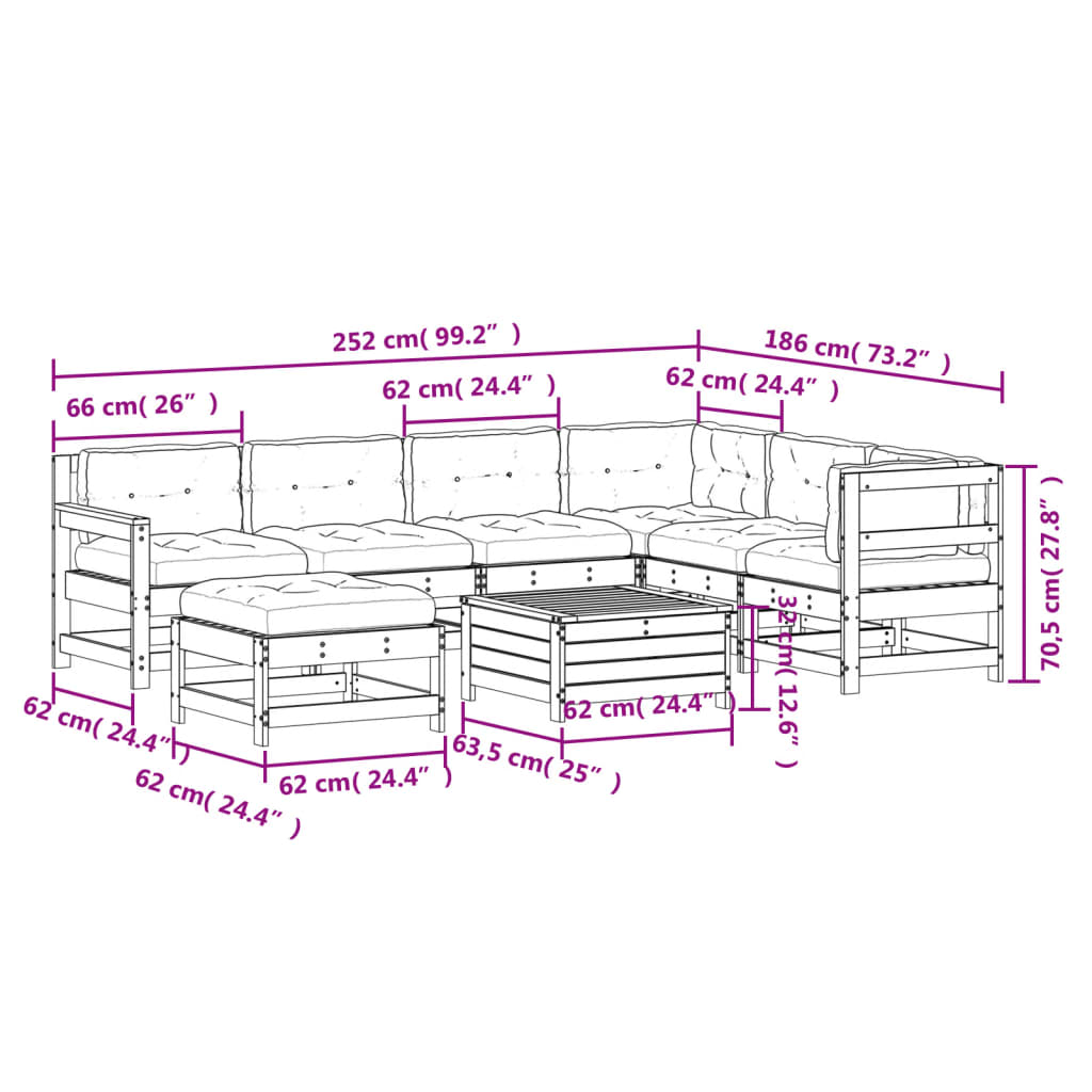 8-Delige Loungeset Met Kussens Massief Grenenhout Wit Wit grenenhout