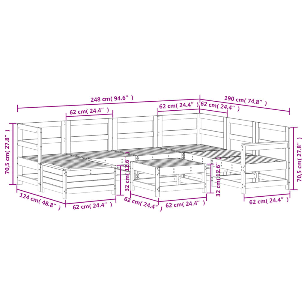 8-delige Loungeset massief grenenhout wit