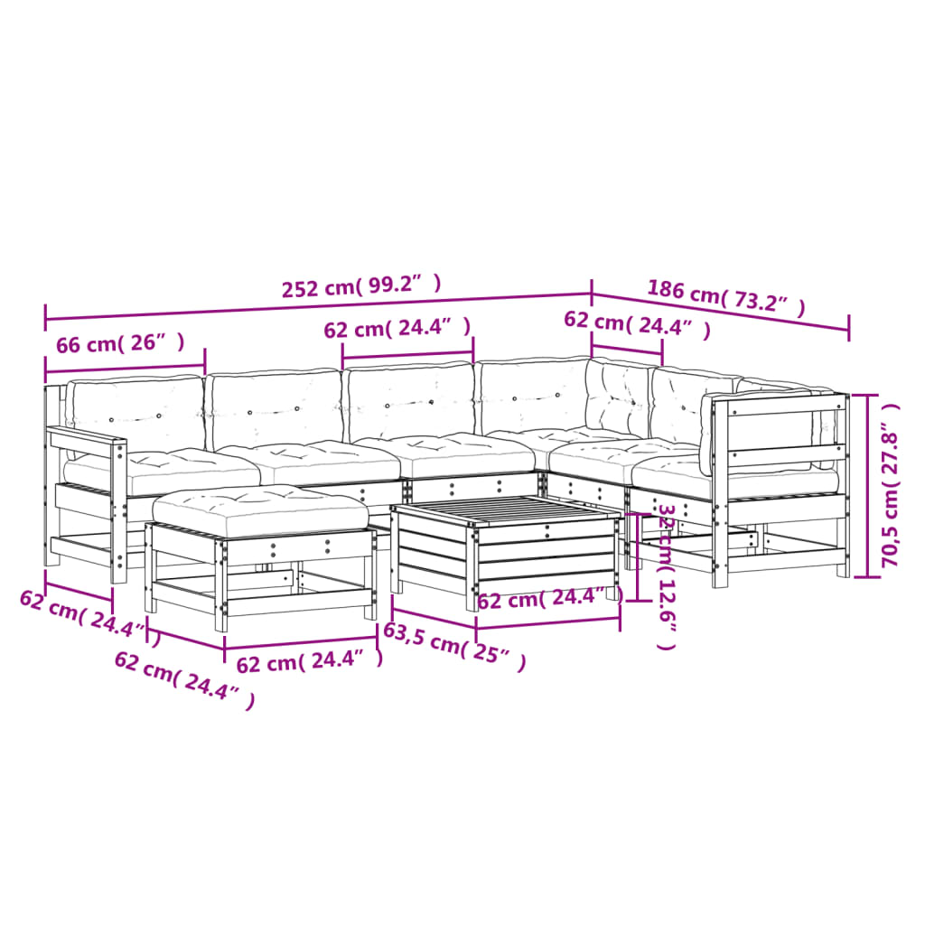 8-Delige Loungeset Met Kussens Massief Grenenhout Wit