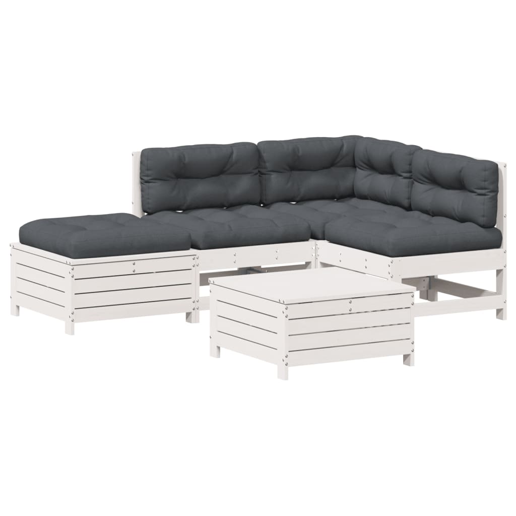 5-Delige Loungeset Met Kussens Massief Grenenhout Wit Wit grenenhout
