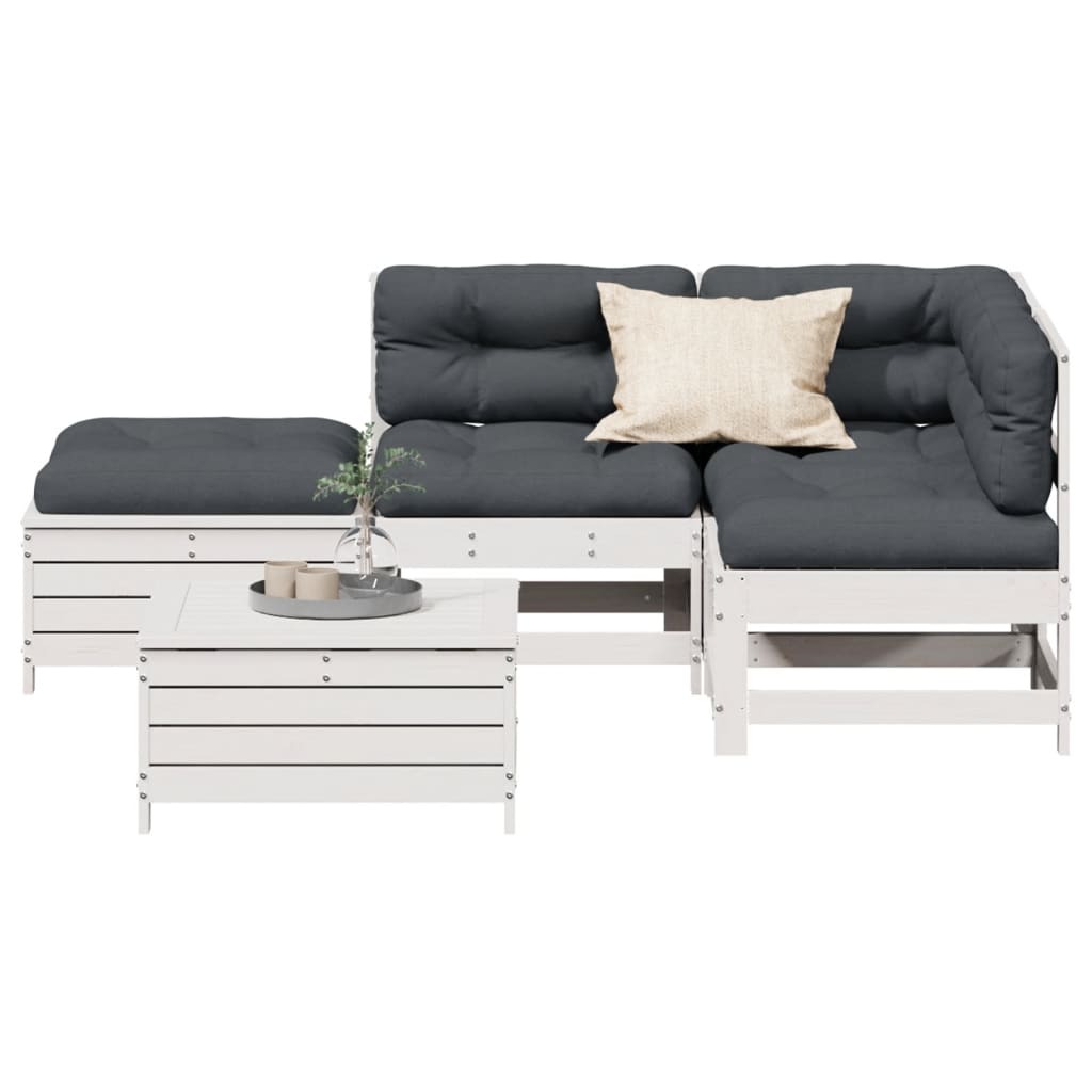 5-Delige Loungeset Met Kussens Massief Grenenhout Wit Wit grenenhout