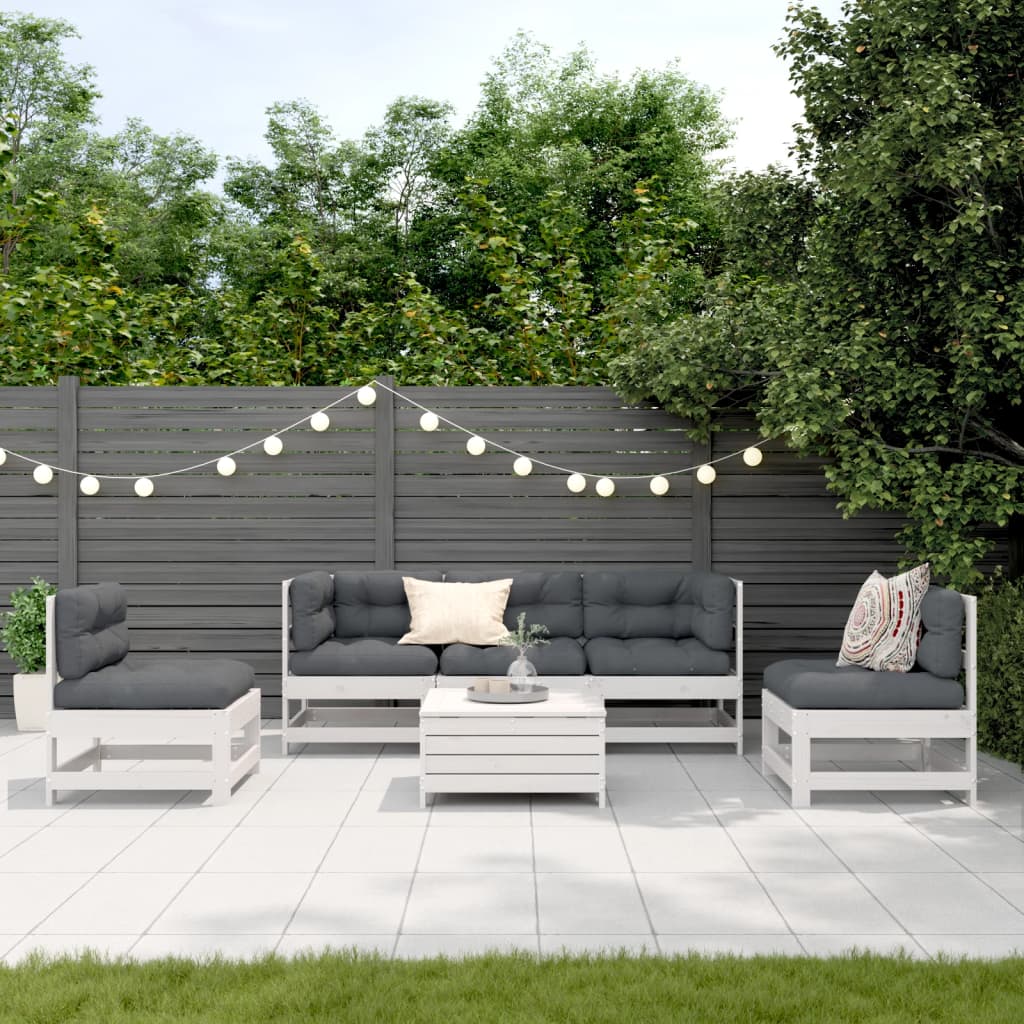 6-delige Loungeset met kussens massief grenenhout wit