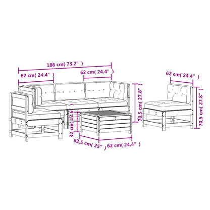 6-delige Loungeset met kussens massief grenenhout wit