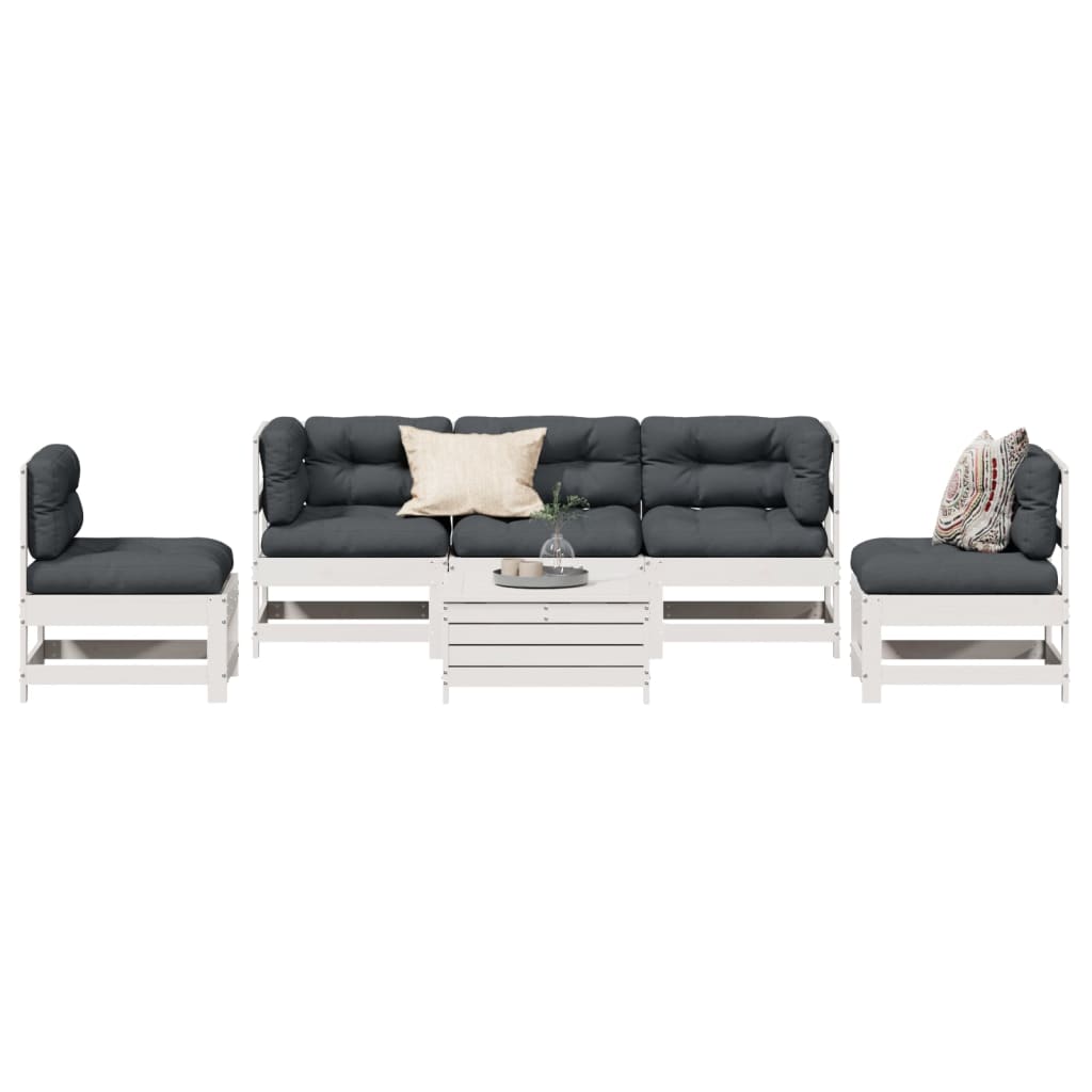 6-delige Loungeset met kussens massief grenenhout wit