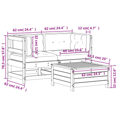 3-delige Loungeset met kussens massief grenenhout wit