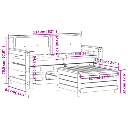 3-delige Loungeset met kussens massief grenenhout wit