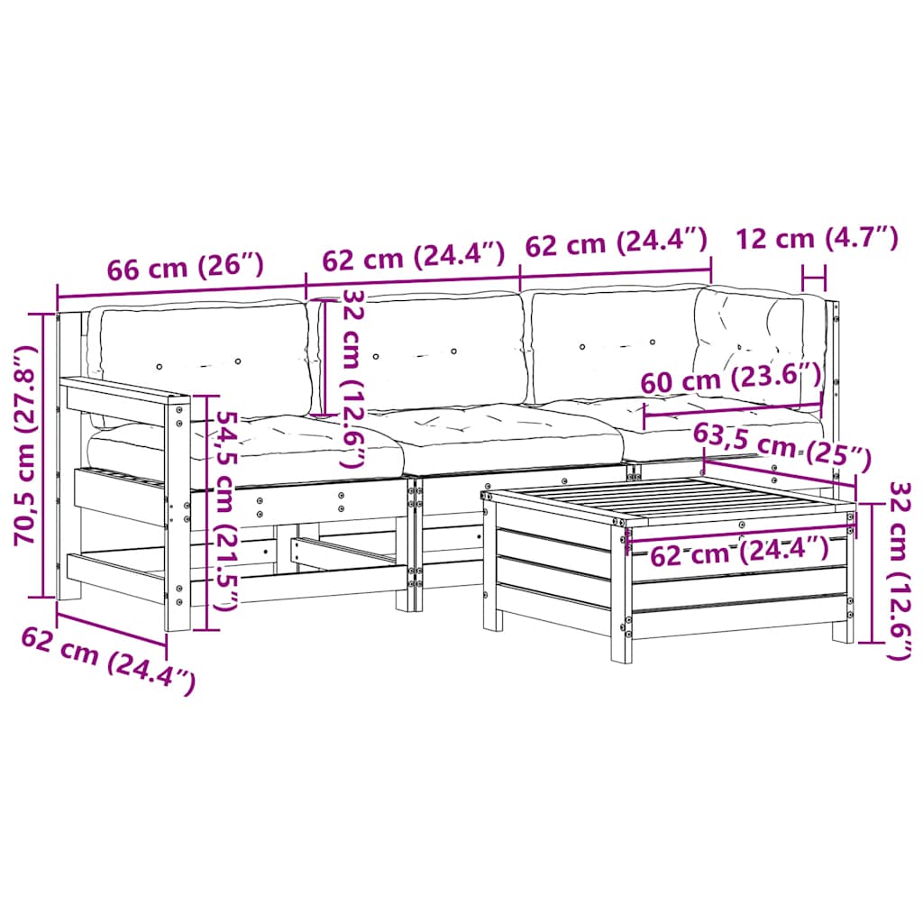 4-Delige Loungeset Met Kussens Massief Grenenhout Wit grenenhout