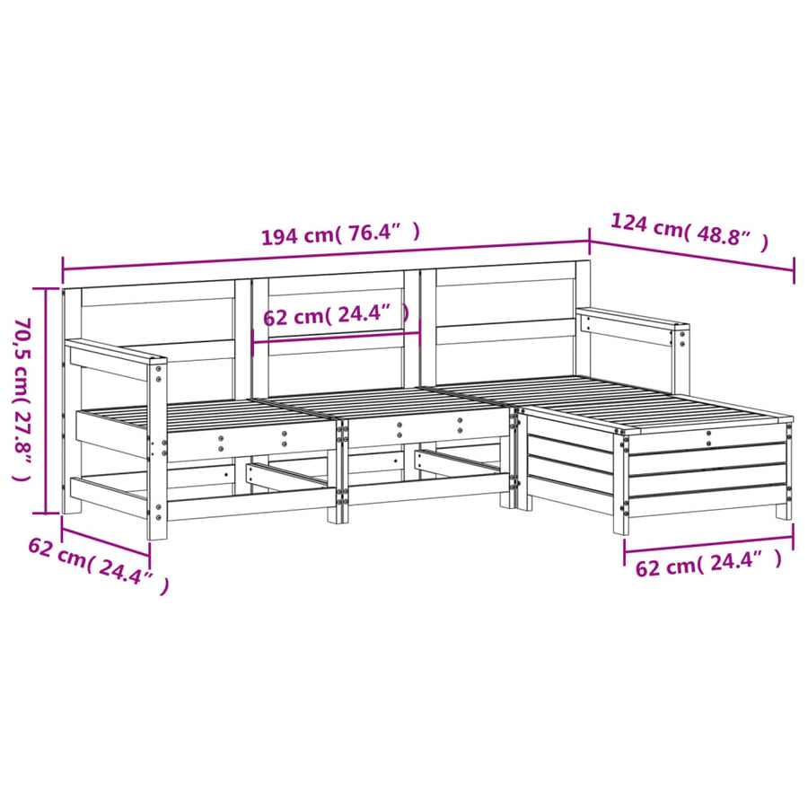 4-delige Loungeset massief grenenhout wit